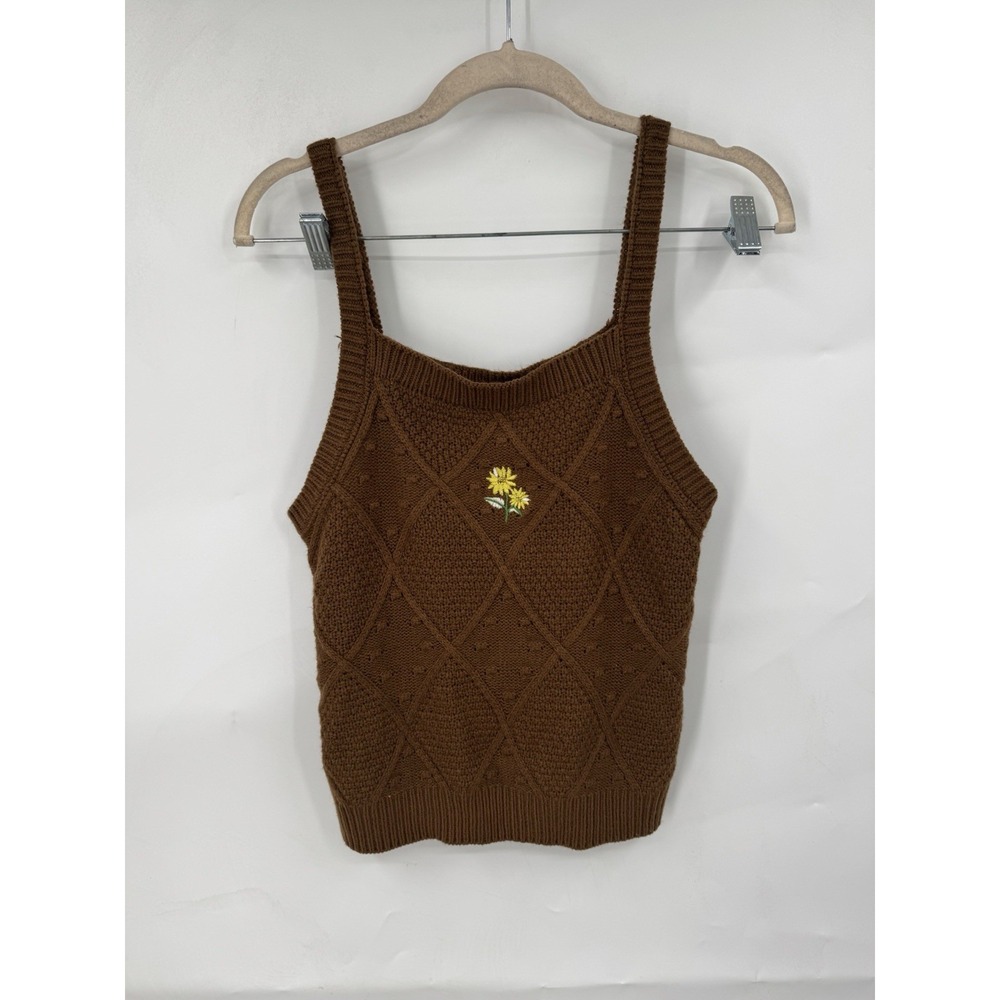 Ally Mae Flower Knit‎ Tank Top Cami Y2K Retro Whimsical Women M Brown Preppy